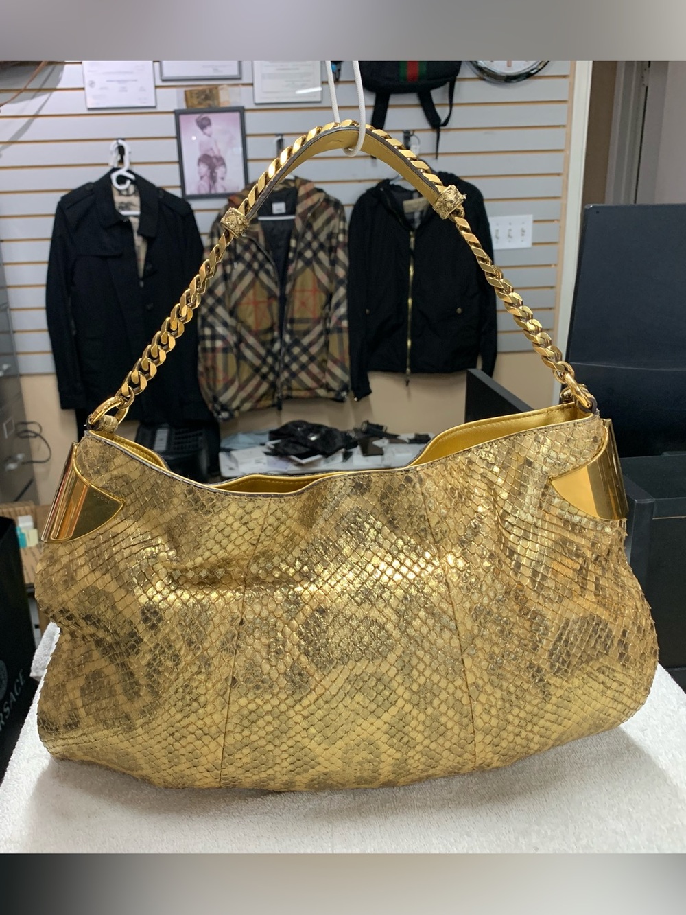 Gucci 1970 Gold Anaconda Snakeskin Tassel Chain Medium Hobo Bag